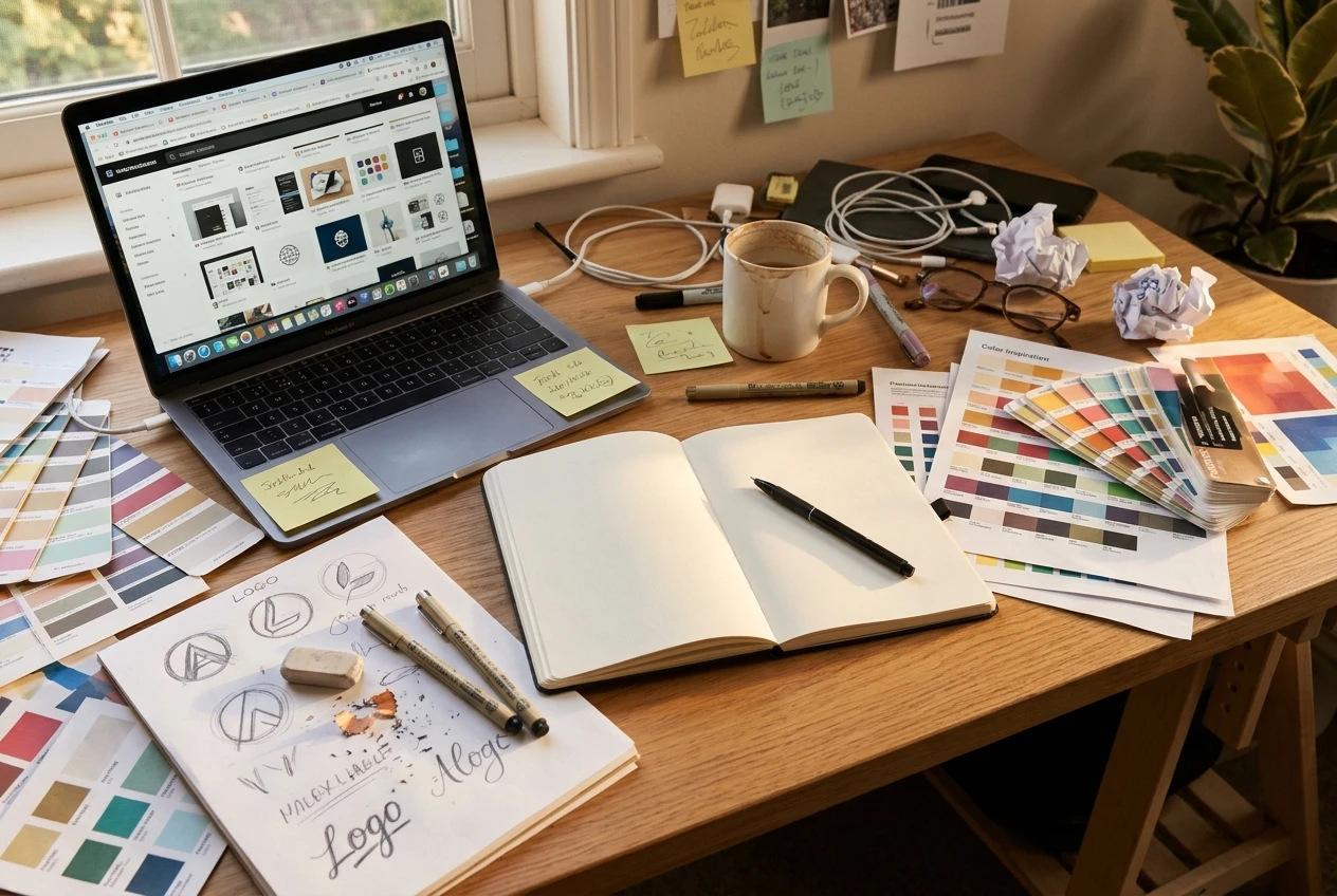 A cluttered desk corner with a half-finished logo sketch, colour swatches and open browser tabs on a laptop, while a single blank notebook page with a pen sits untouched in the centre, soft late-afternoon light.