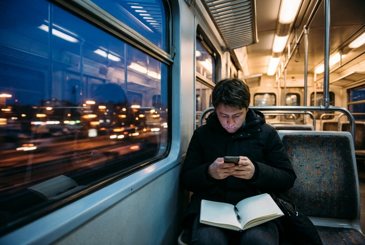 A commuter on a train seat in the evening, reading on a phone with a notebook open on their lap, city lights blurring past the window, cool blue dusk tones with warm light from the carriage ceiling.