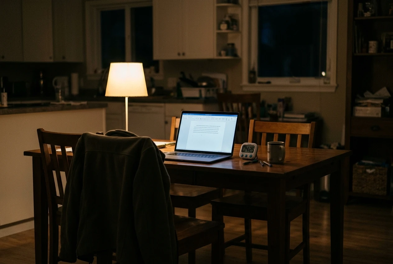 A laptop open on a quiet dining table at night with a single lamp on, a half-written paragraph on screen, a jacket hung over the chair and a kitchen timer showing a short countdown beside it.